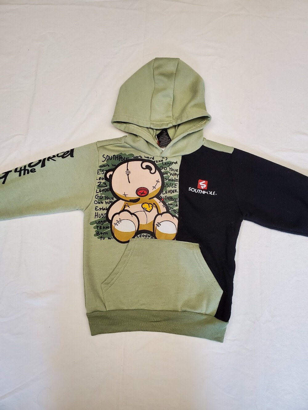 Southpole Kids Hoodie 5/6 Sage Green Black Color Block Teddy Bear Graphic Fleece
